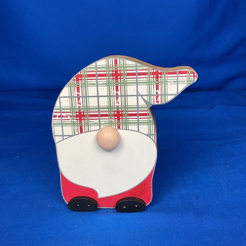 Christmas Plaid Gnome Shaped Wooden Block Sign 3D Nose Holiday Shelf Sitter
